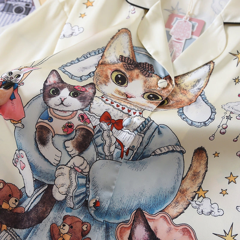 ชุดนอน Muslin Pajamas Silk Satin รุ่น Dreamy Kitty (N2197 T2197) | ชุดนอนผู้หญิง