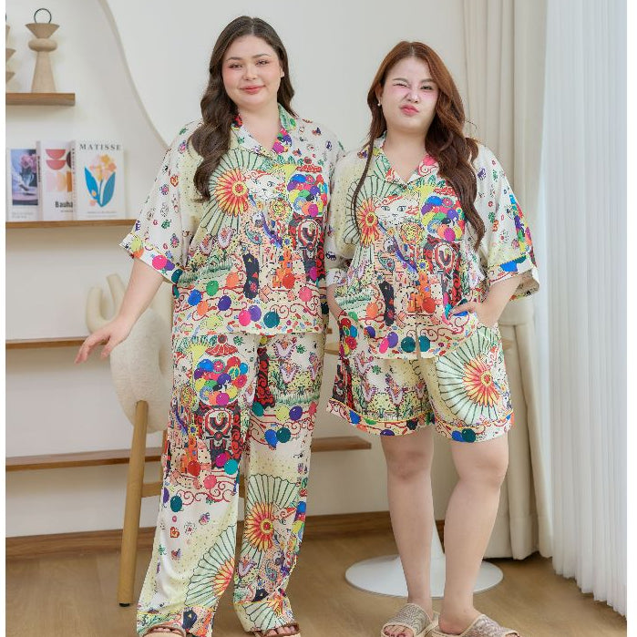 ชุดนอน Muslin Pajamas Silk Satin รุ่น Lucky Cat of Brightness (W2177 V2177) | ชุดนอนชุดเที่ยว