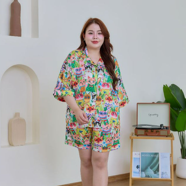 ชุดนอน Muslin Pajamas Silk Satin รุ่น Meow Fiesta (W2168 V2168) | ชุดนอนชุดเที่ยว ชุดผู้หญิง