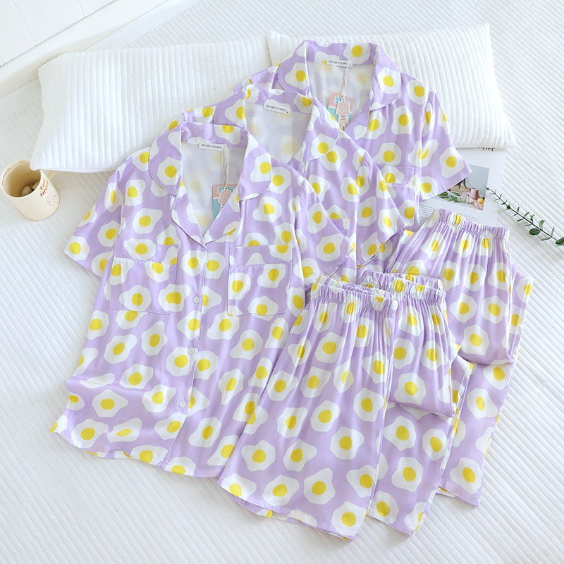 ชุดนอน Muslin Pajamas Organic bamboo รุ่น Purple fried egg (A1060 B1060 E1060) | ชุดนอนผู้หญิง
