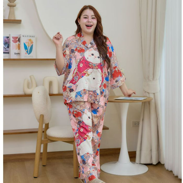 ชุดนอน Muslin Pajamas Silk Satin รุ่น Cat of the Blossom Realm (W2188 V2188) | ชุดนอนชุดเที่ยว