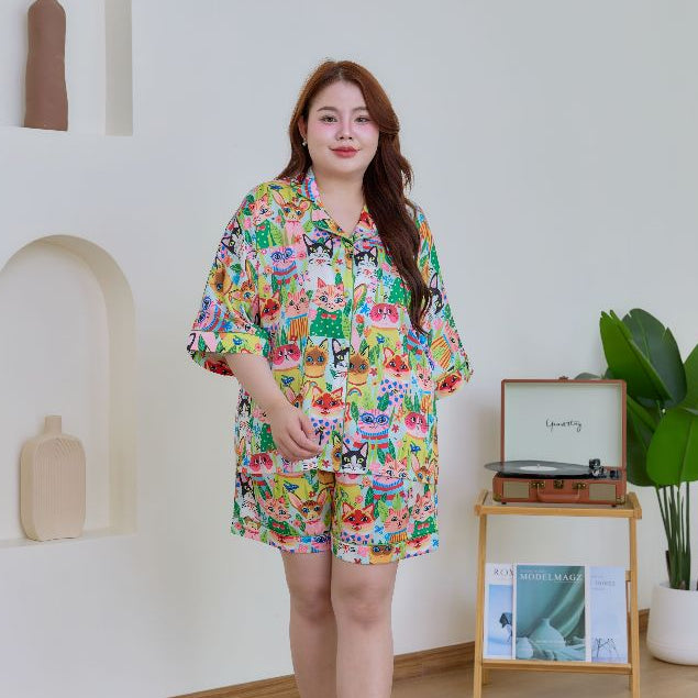 ชุดนอน Muslin Pajamas Silk Satin รุ่น Meow Fiesta (W2168 V2168) | ชุดนอนชุดเที่ยว ชุดผู้หญิง