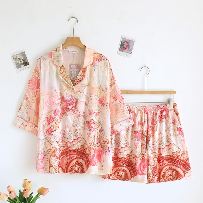 ชุดนอน Muslin Pajamas Silk Satin รุ่น Angel Garden (W2192 V2192) | ชุดนอนผู้หญิง