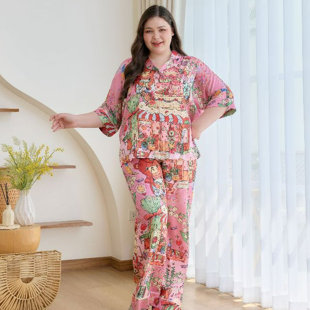 ชุดนอน Muslin Pajamas Silk Satin รุ่น Sweet Bear Bakery (W2175 V2175) |ชุดนอนชุดเที่ยว,ชุดนอนผู้หญิง