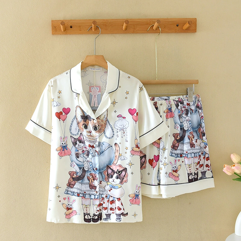 ชุดนอน Muslin Pajamas Silk Satin รุ่น Dreamy Kitty (N2197 T2197) | ชุดนอนผู้หญิง