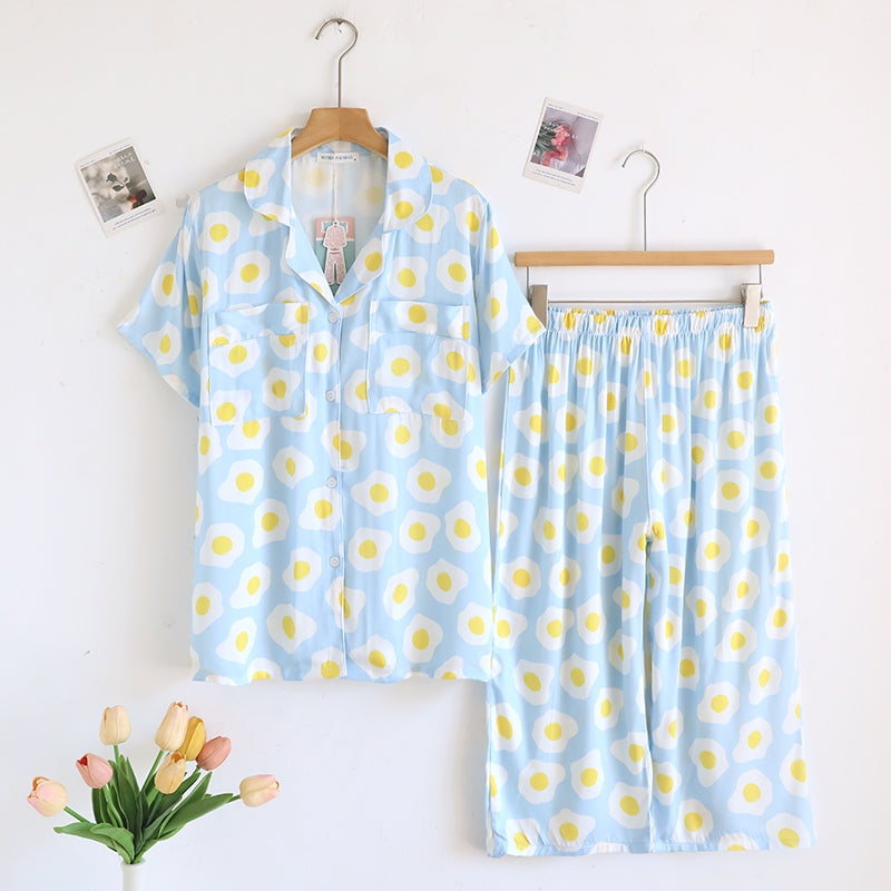 ชุดนอน Muslin Pajamas Organic bamboo รุ่น Blue fried egg (A1061 B1061 E1061) | ชุดนอนผู้หญิง