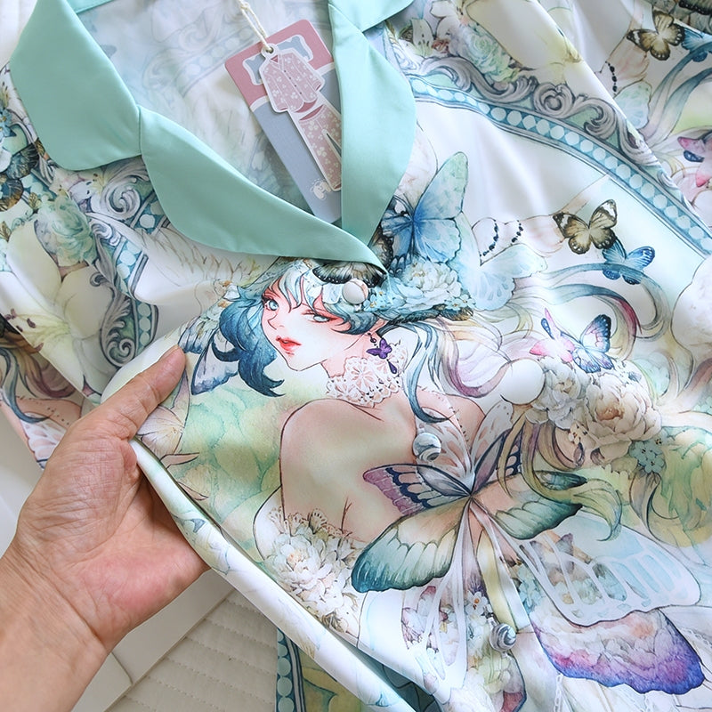 ชุดนอน Muslin Pajamas Silk Satin รุ่น Butterfly Garden Muse (N2193 T2193) | ชุดนอนผู้หญิง