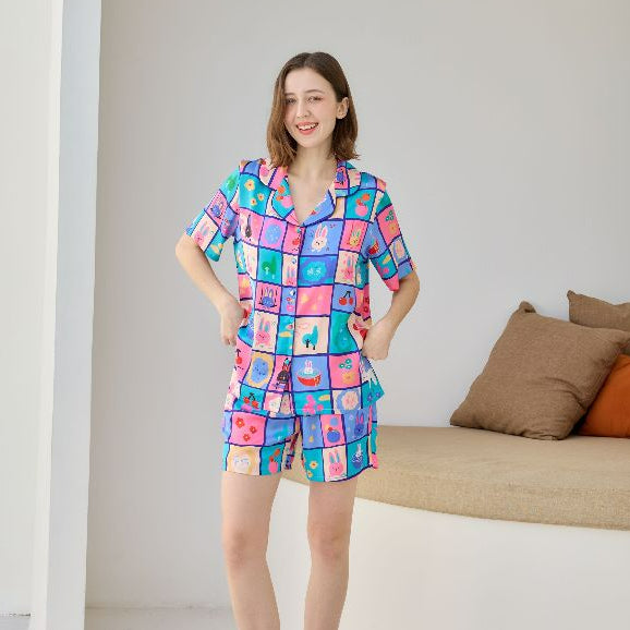 ชุดนอน Muslin Pajamas Silk Satin รุ่น Bunny Blocks (N5148 T5148) | ชุดนอนชุดเที่ยว,ชุดผู้หญิง