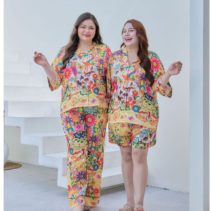 ชุดนอน Muslin Pajamas Silk Satin รุ่น Vintage golden cat (W2178 V2178) | ชุดนอนชุดเที่ยว