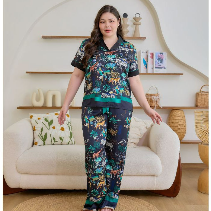 ชุดนอน Muslin Pajamas Silk Satin รุ่น Greenery Zoo (N2145 T2145 L2145) | ชุดนอนชุดเที่ยว