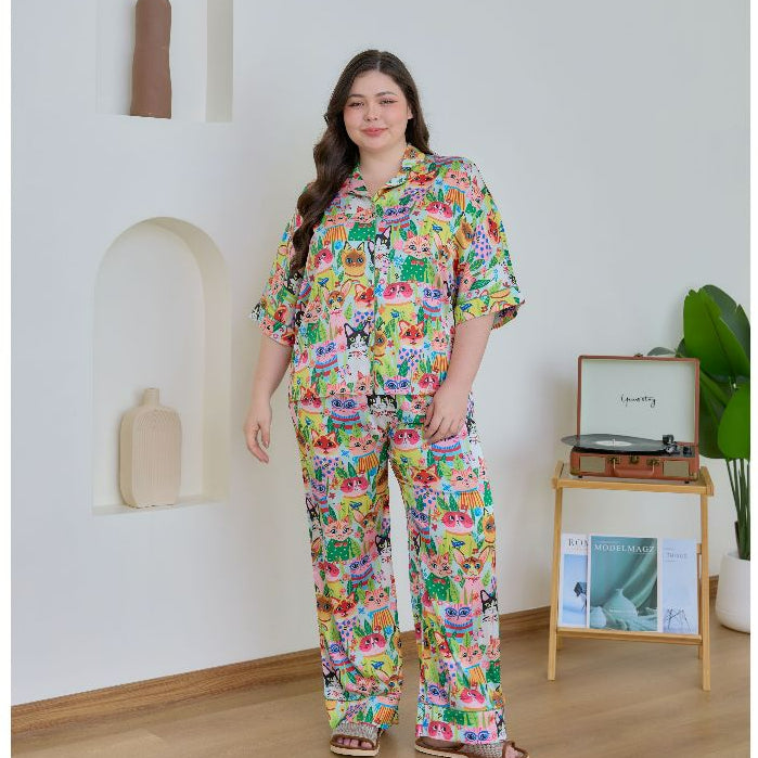 ชุดนอน Muslin Pajamas Silk Satin รุ่น Meow Fiesta (W2168 V2168) | ชุดนอนชุดเที่ยว ชุดผู้หญิง