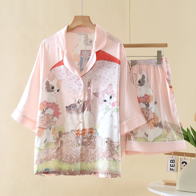 ชุดนอน Muslin Pajamas Silk Satin รุ่น Sakura Whiskers (W2194 V2194 K2194) | ชุดนอนผู้หญิง