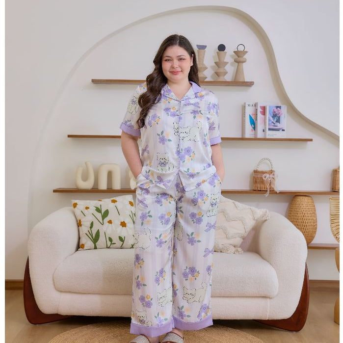 ชุดนอน Muslin Pajamas Silk Satin รุ่น Kitty Lavender (N5161 T5161 K5161) | ชุดนอนผู้หญิง