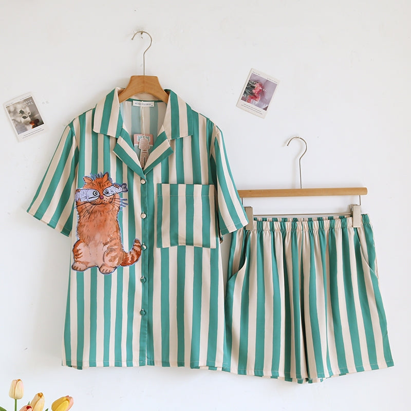 ชุดนอน Muslin Pajamas Silk Satin รุ่น Fishy Feline (N5169 T5169) | ชุดนอนผู้หญิง