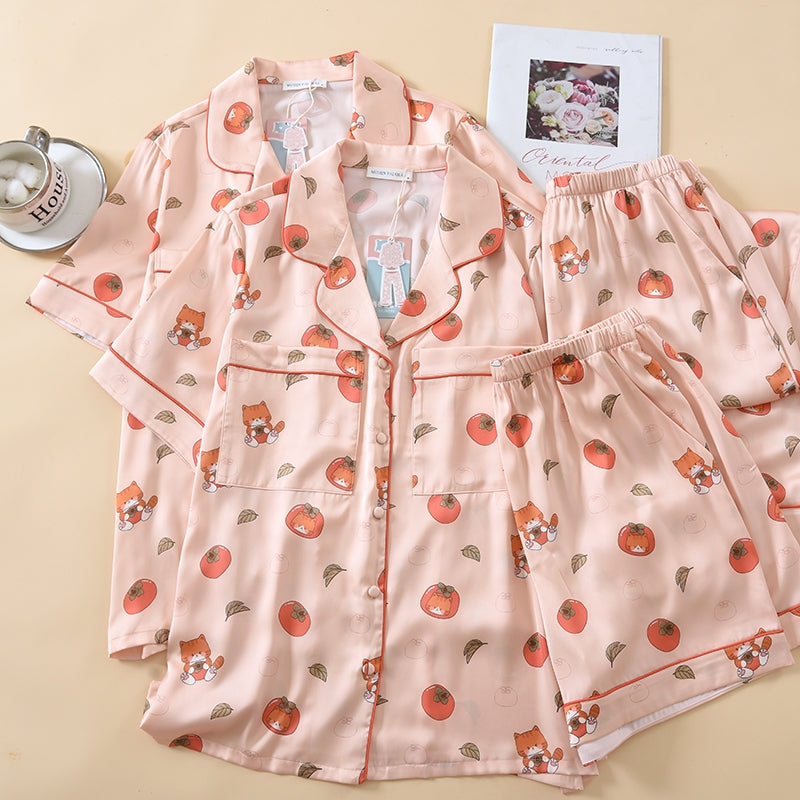 ชุดนอน Muslin Pajamas Silk Satin รุ่น Tomato Kitty (N5172 T5172) | ชุดนอนผู้หญิง