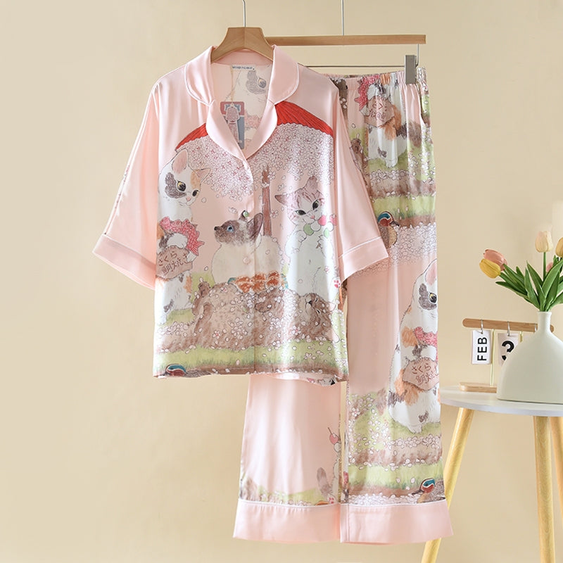 ชุดนอน Muslin Pajamas Silk Satin รุ่น Sakura Whiskers (W2194 V2194 K2194) | ชุดนอนผู้หญิง