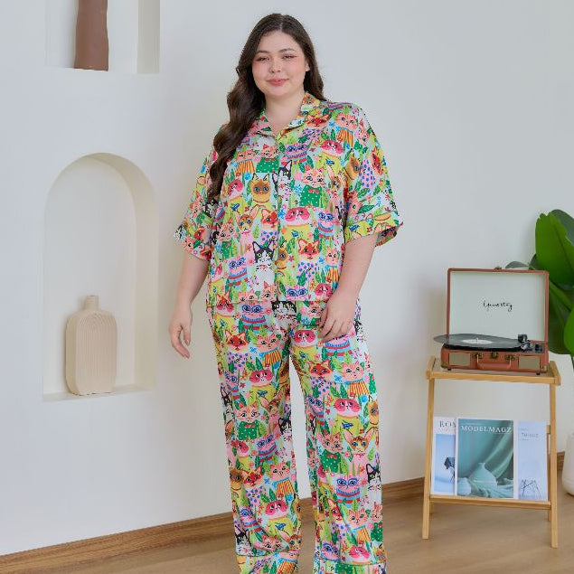 ชุดนอน Muslin Pajamas Silk Satin รุ่น Meow Fiesta (W2168 V2168) | ชุดนอนชุดเที่ยว ชุดผู้หญิง