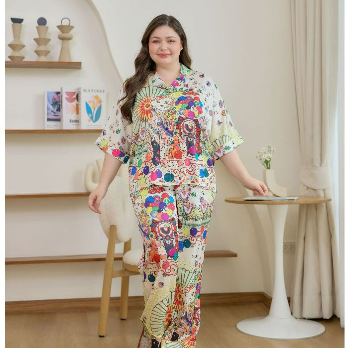 ชุดนอน Muslin Pajamas Silk Satin รุ่น Lucky Cat of Brightness (W2177 V2177) | ชุดนอนชุดเที่ยว