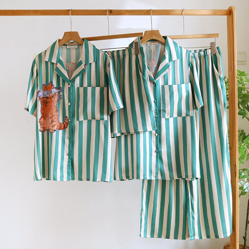 ชุดนอน Muslin Pajamas Silk Satin รุ่น Fishy Feline (N5169 T5169) | ชุดนอนผู้หญิง