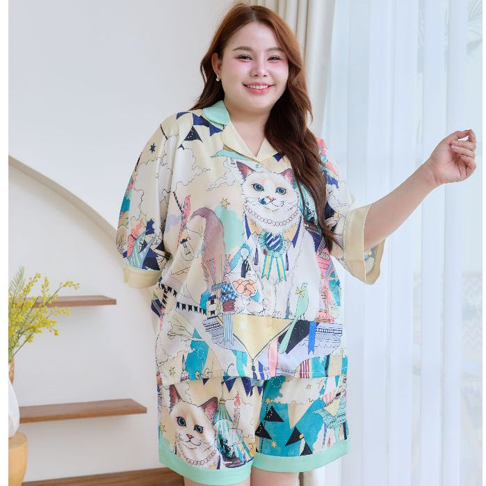 ชุดนอน Muslin Pajamas Silk Satin รุ่น Lunar Cat (W2170 V2170) | ชุดนอนชุดเที่ยว,ชุดนอนผู้หญิง