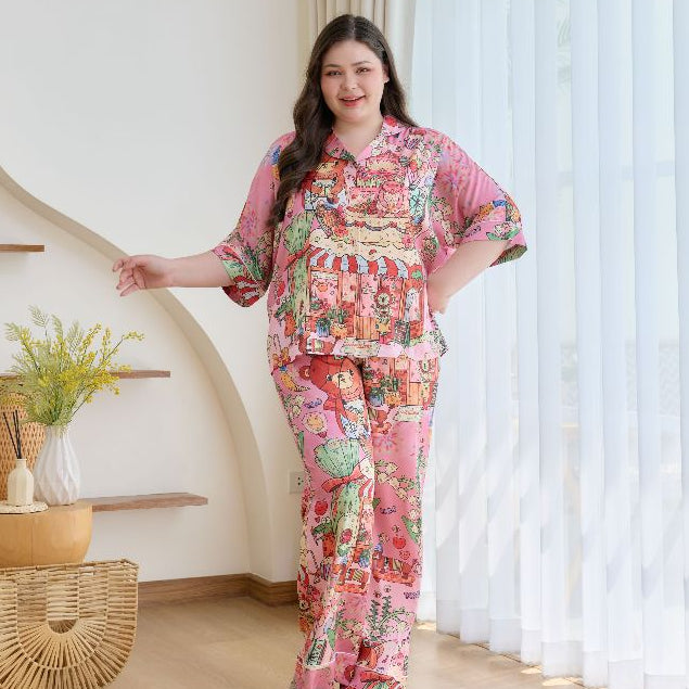 ชุดนอน Muslin Pajamas Silk Satin รุ่น Sweet Bear Bakery (W2175 V2175) |ชุดนอนชุดเที่ยว,ชุดนอนผู้หญิง