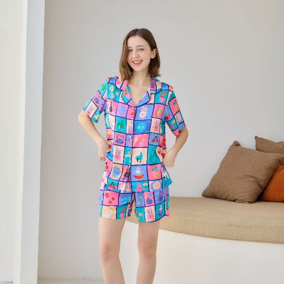 ชุดนอน Muslin Pajamas Silk Satin รุ่น Bunny Blocks (N5148 T5148) | ชุดนอนชุดเที่ยว,ชุดผู้หญิง