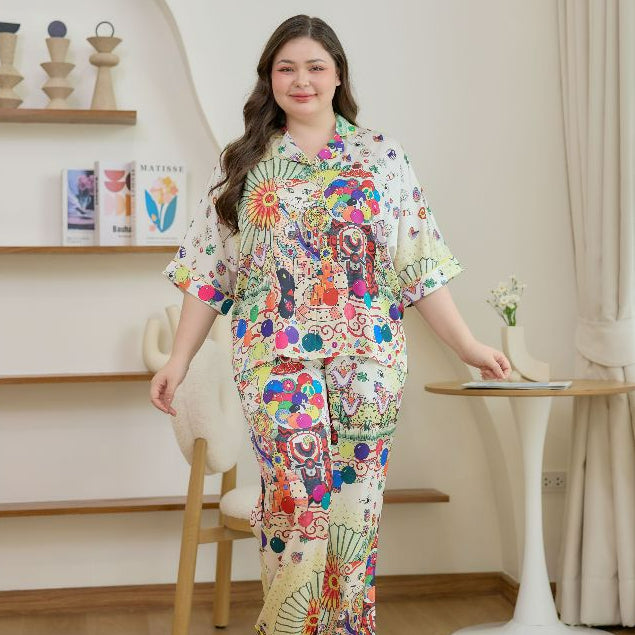 ชุดนอน Muslin Pajamas Silk Satin รุ่น Lucky Cat of Brightness (W2177 V2177) | ชุดนอนชุดเที่ยว