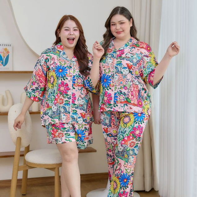 ชุดนอน Muslin Pajamas Silk Satin รุ่น Garden Cats (W2185 V2185) | ชุดนอนชุดเที่ยว,ชุดผู้หญิง