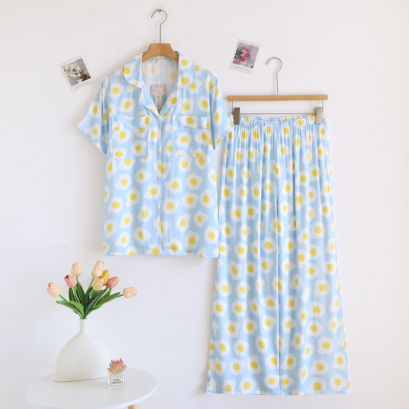ชุดนอน Muslin Pajamas Organic bamboo รุ่น Blue fried egg (A1061 B1061 E1061) | ชุดนอนผู้หญิง