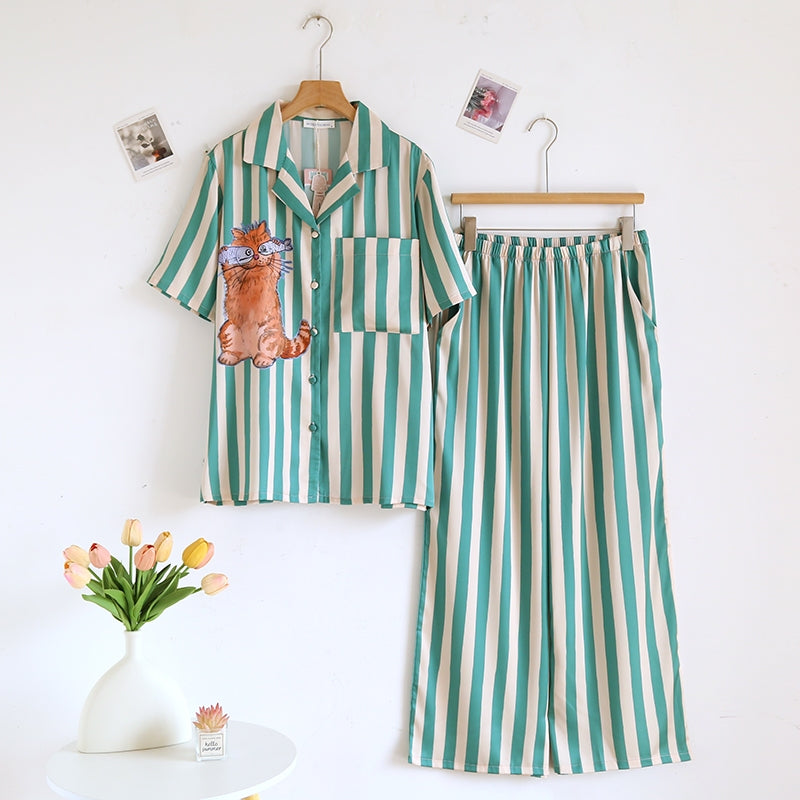 ชุดนอน Muslin Pajamas Silk Satin รุ่น Fishy Feline (N5169 T5169) | ชุดนอนผู้หญิง