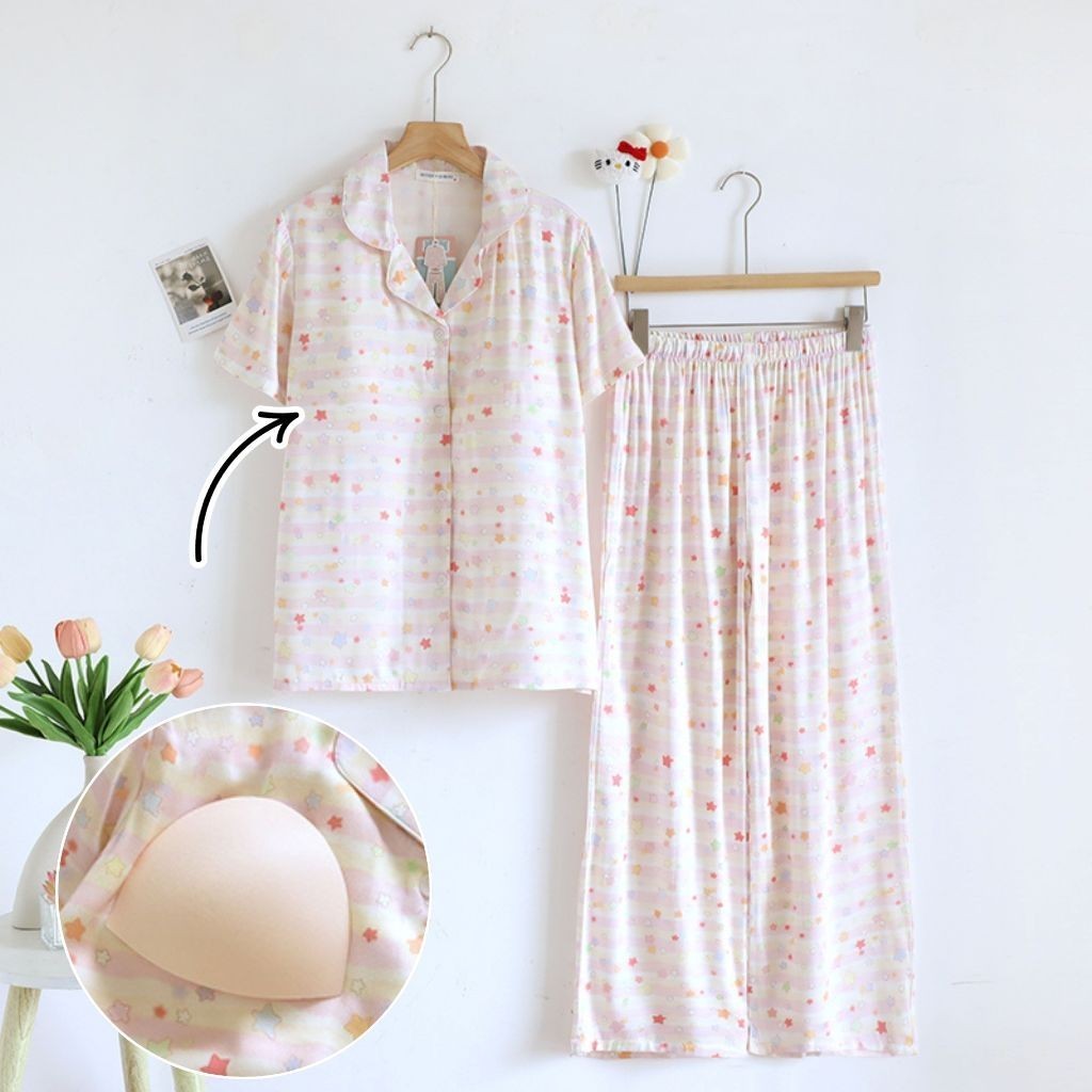 ชุดนอน Muslin Pajamas Organic bamboo รุ่นPastel Stars(A1027 B1027 E1027)|ชุดนอนมีบรา,ชุดนอนผู้หญิง