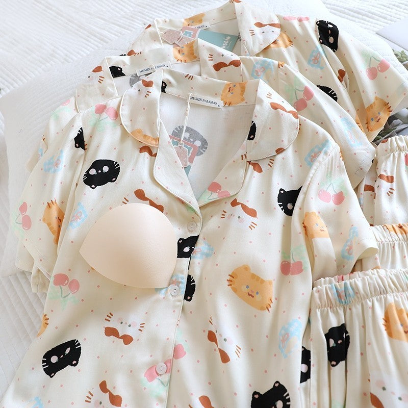 ชุดนอน Muslin pajamas Organic bamboo รุ่นKawaii Cats (A1028 B1028 E1028)|ชุดนอนมีบรา,ชุดนอนผู้หญิง