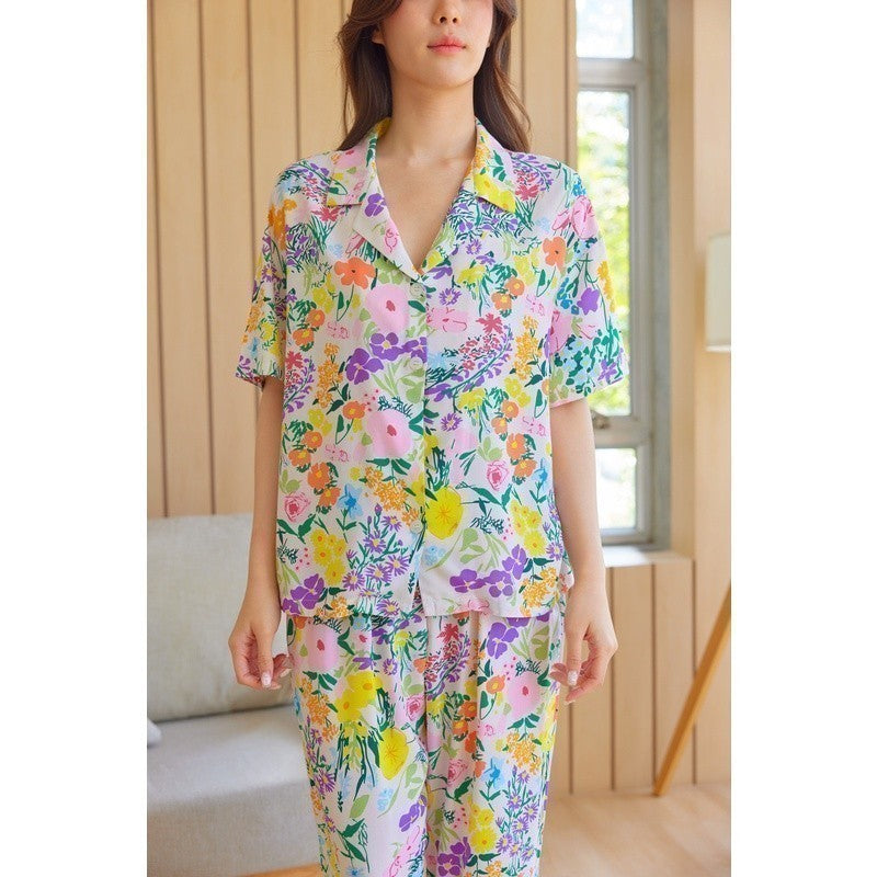 ชุดนอน Muslin Pajamas Organic bamboo รุ่น เถาวัลย์ ม่วง พื้นขาว(G381 A381)|ชุดนอนชุดเที่ยว,ชุดนอนผู้หญิง