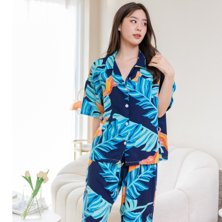 ชุดนอน Muslin Pajamas Organic bamboo รุ่น ใบตอง พื้นดำ (G344)