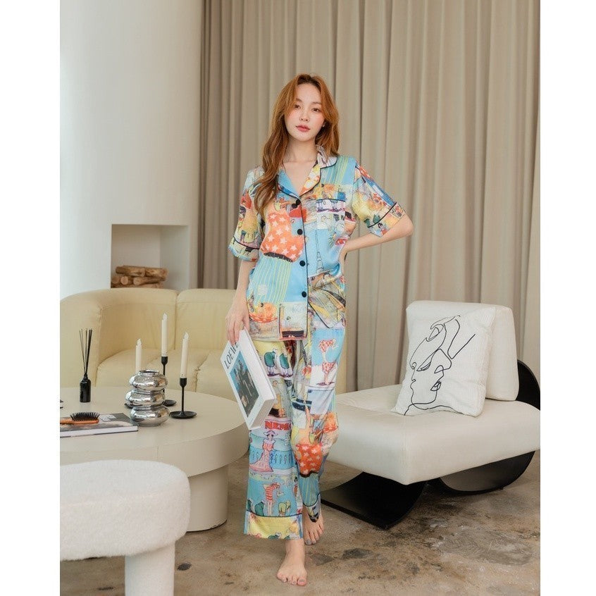 ชุดนอน Muslin Pajamas Silk Satin รุ่น Comic book  ( K360 L360 N360 P360 T360 U360 )