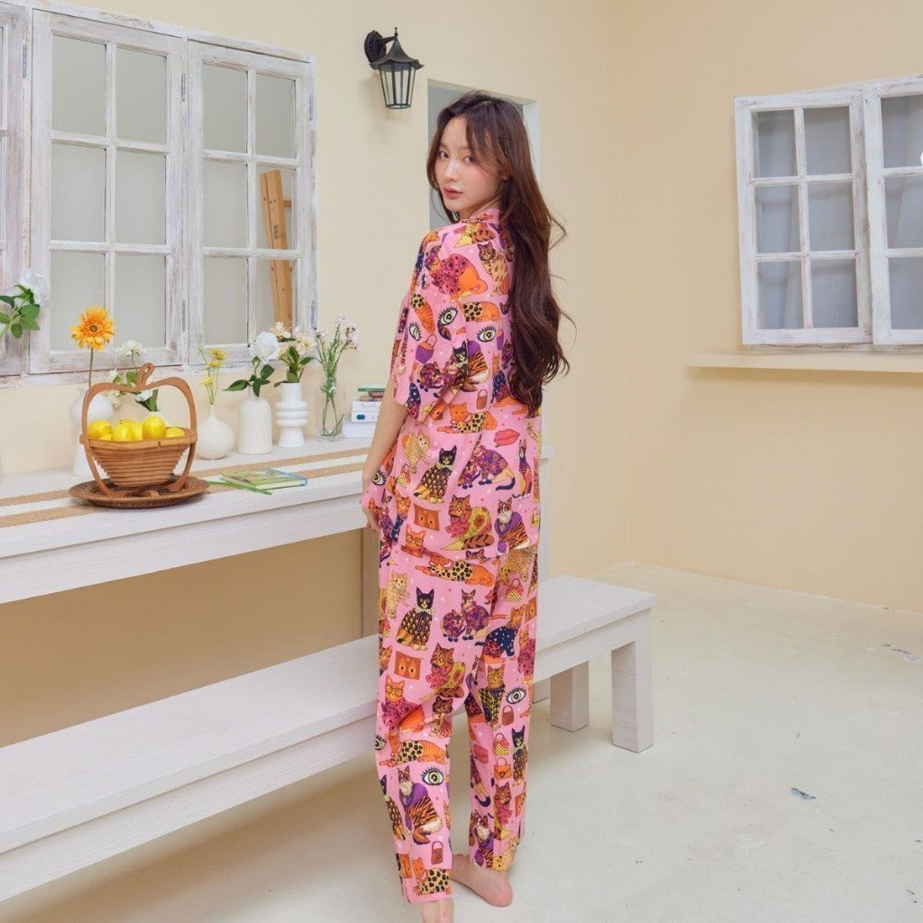 ชุดนอน Muslin Pajamas Organic Bamboo รุ่น แมวแฟชั่น(A286 G286) |ชุดนอนชุดเที่ยว,ชุดนอนผู้หญิง