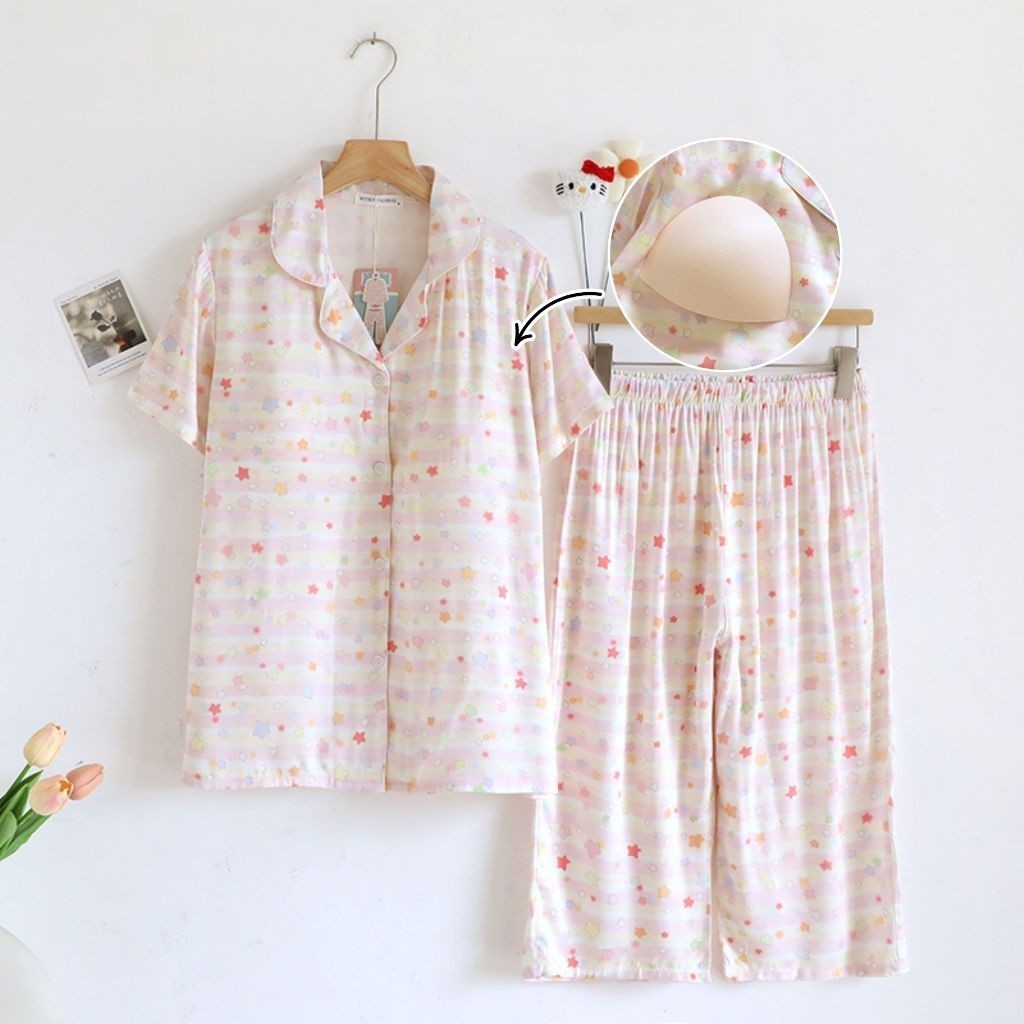 ชุดนอน Muslin Pajamas Organic bamboo รุ่นPastel Stars(A1027 B1027 E1027)|ชุดนอนมีบรา,ชุดนอนผู้หญิง
