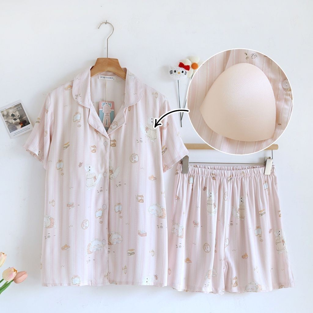 ชุดนอน Muslin Pajamas Organic bamboo รุ่นKitty Marshmallows(A1030 B1030 E1030)|ชุดนอนมีบรา