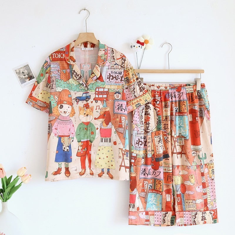 ชุดนอน Muslin Pajamas Silk Satin รุ่น Anime Street Dreams (W2123 V2123 L2123) | ชุดนอนชุดเที่ยว