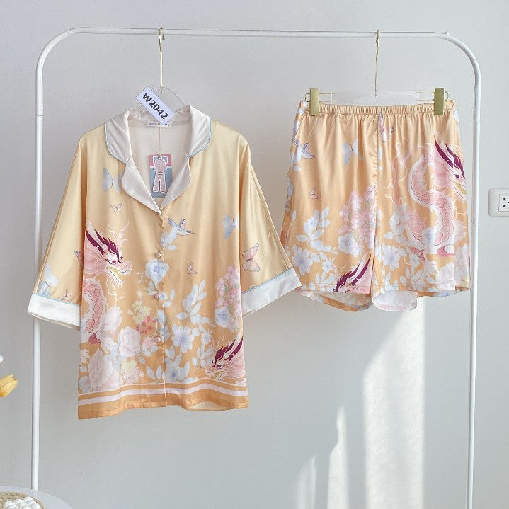 ชุดนอน Muslin Pajamas Silk Satin รุ่น Golden Dragon  ( W2042 V2042 )