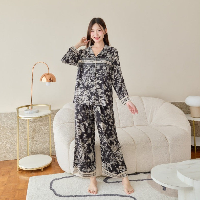ชุดนอน Muslin Pajamas Silk Satin รุ่น Black Hawaiian (N5006 L5006 T5006 P5006) | ชุดนอนชุดเที่ยว