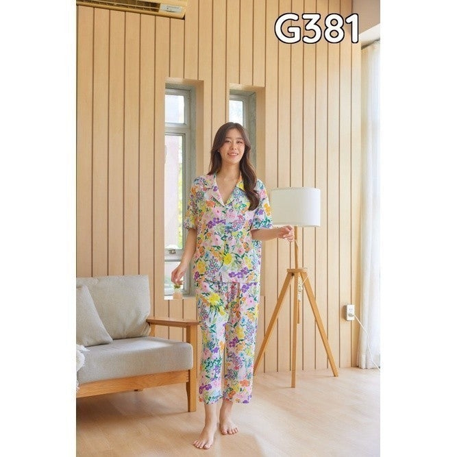 ชุดนอน Muslin Pajamas Organic bamboo รุ่น เถาวัลย์ ม่วง พื้นขาว(G381 A381)|ชุดนอนชุดเที่ยว,ชุดนอนผู้หญิง