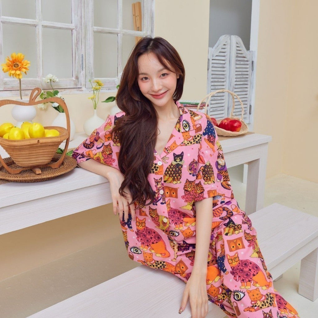 ชุดนอน Muslin Pajamas Organic Bamboo รุ่น แมวแฟชั่น(A286 G286) |ชุดนอนชุดเที่ยว,ชุดนอนผู้หญิง