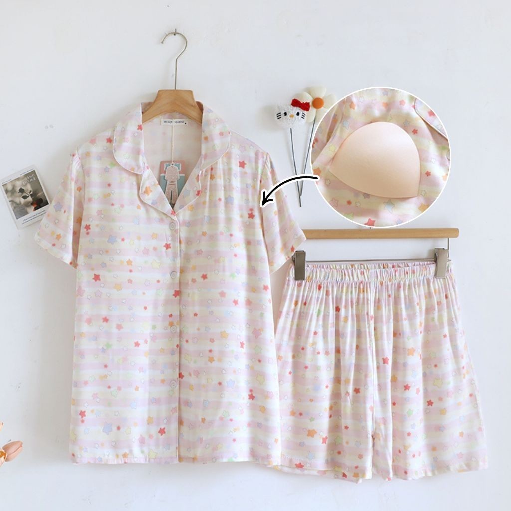 ชุดนอน Muslin Pajamas Organic bamboo รุ่นPastel Stars(A1027 B1027 E1027)|ชุดนอนมีบรา,ชุดนอนผู้หญิง