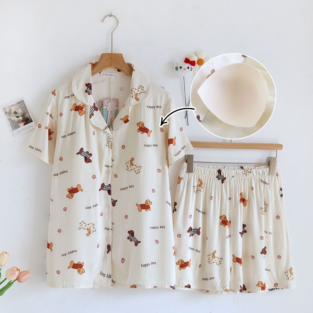 ชุดนอน Muslin Pajamas Organic bamboo รุ่นHappy Dogs Day(A1026 B1026 E1026)|ชุดนอนมีบรา,ชุดนอนผู้หญิง