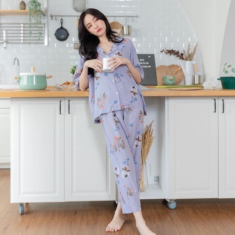ชุดนอน Muslin Pajamas Organic Bamboo รุ่น ดอกไม้ พื้นม่วง (G76)|ชุดนอนชุดเที่ยว,ชุดนอนผู้หญิง