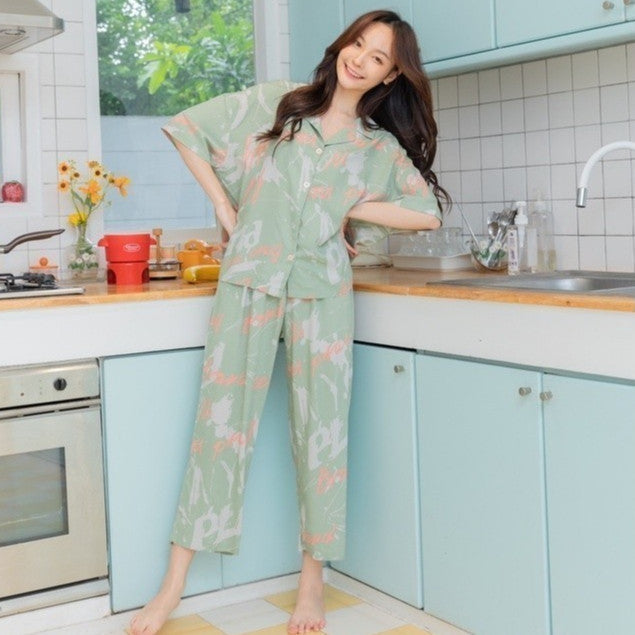 ชุดนอน Muslin Pajamas Organic Bambooรุ่นBrand newพื้นเขียว (A257 G257)|ชุดนอนชุดเที่ยว,ชุดนอนผู้หญิง