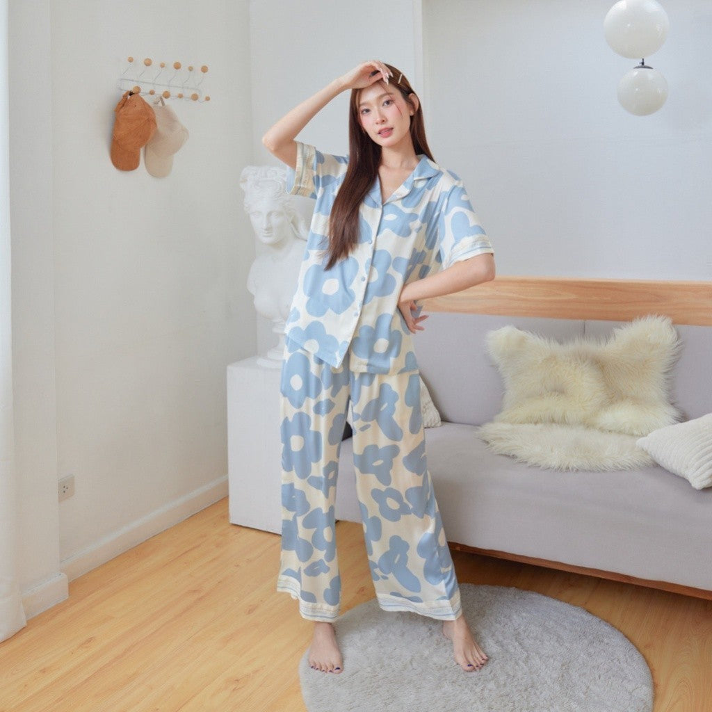 ชุดนอน Muslin Pajamas Silk Satini รุ่น Flower (1016 1017) | ชุดนอนชุดเที่ยว,ชุดนอนผู้หญิง