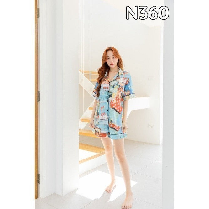 ชุดนอน Muslin Pajamas Silk Satin รุ่น Comic book  ( K360 L360 N360 P360 T360 U360 )