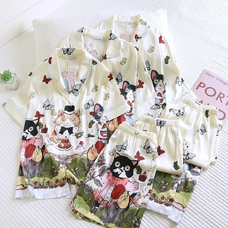 ชุดนอน Muslin Pajamas Silk Satinรุ่นPlayful Cats (W2151 V2151 L2151)|ชุดนอนผู้หญิง